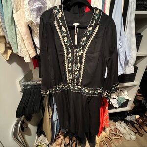 Black Embroidered Women's Drop Waist Dress